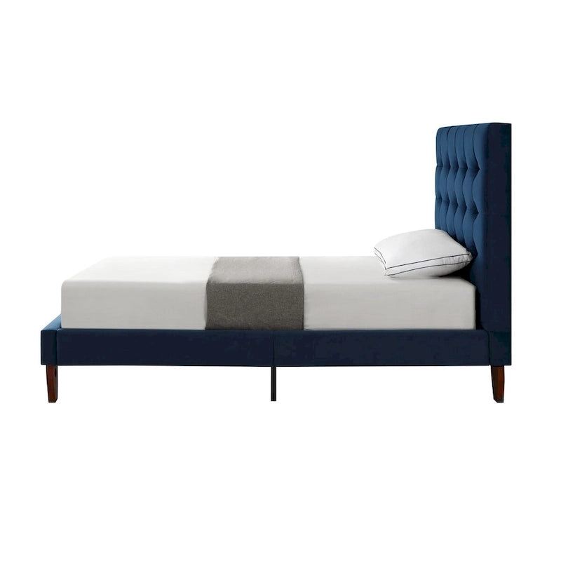 Twin Size Navy Blue Velvet Tufted Upholstered Bed Frame - Solid Wood