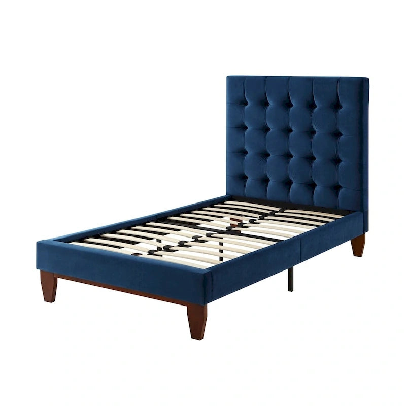Twin Size Navy Blue Velvet Tufted Upholstered Bed Frame - Solid Wood