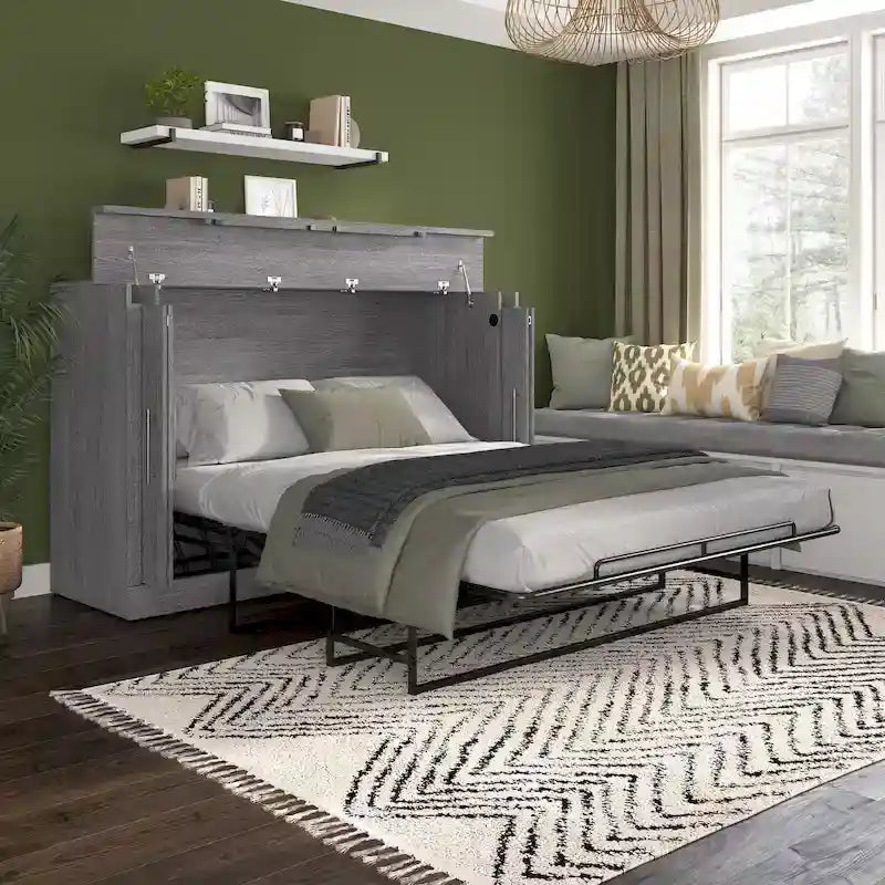 75" Queen Cabinet Bed with Folding Foam Mattress – Space-Saving Guest Room Solution