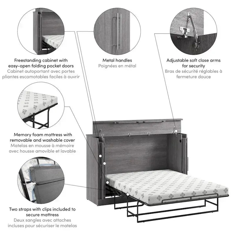 75" Queen Cabinet Bed with Folding Foam Mattress – Space-Saving Guest Room Solution