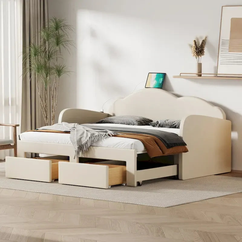 Twin Velvet Upholstered Daybed with Pop-Up Trundle & 2 Storage Drawers