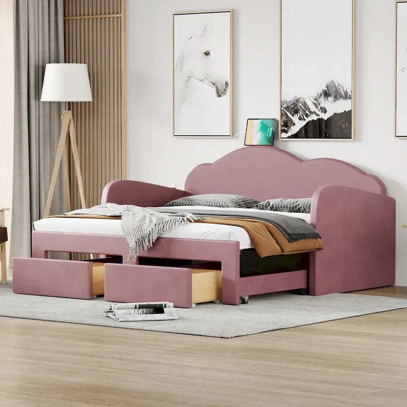 Twin Velvet Upholstered Daybed with Pop-Up Trundle & 2 Storage Drawers