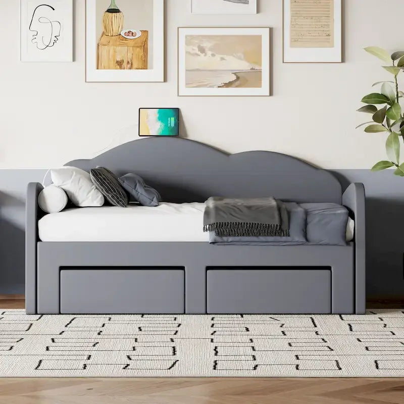 Twin Velvet Upholstered Daybed with Pop-Up Trundle & 2 Storage Drawers