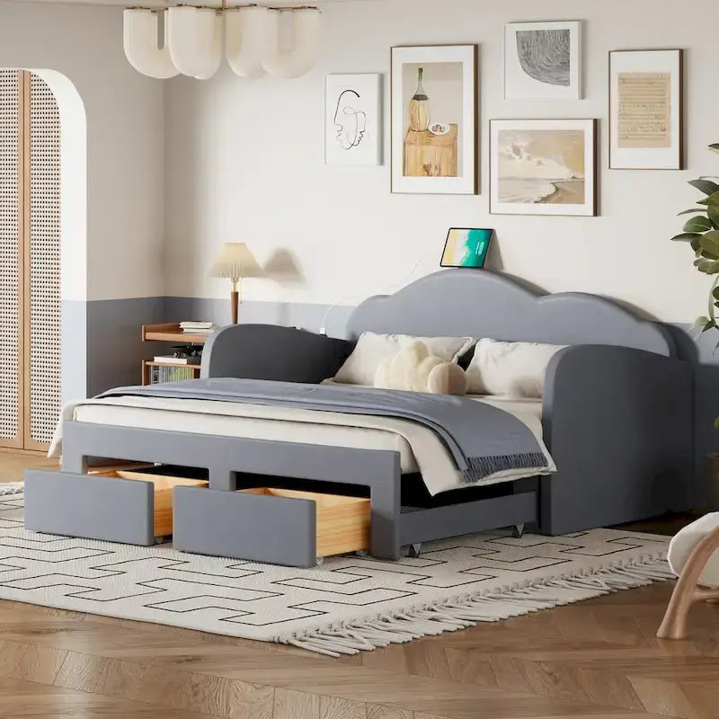 Twin Velvet Upholstered Daybed with Pop-Up Trundle & 2 Storage Drawers