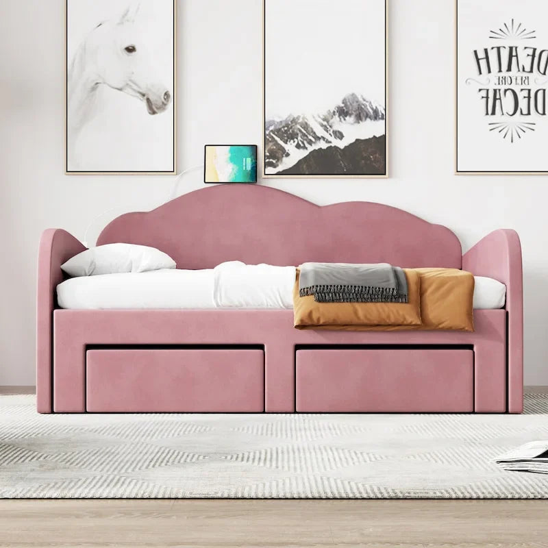 Twin Velvet Upholstered Daybed with Pop-Up Trundle & 2 Storage Drawers