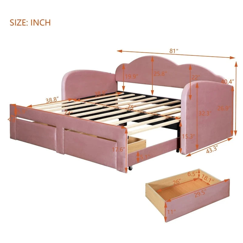 Twin Velvet Upholstered Daybed with Pop-Up Trundle & 2 Storage Drawers