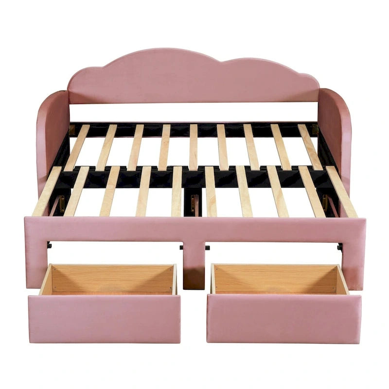 Twin Velvet Upholstered Daybed with Pop-Up Trundle & 2 Storage Drawers