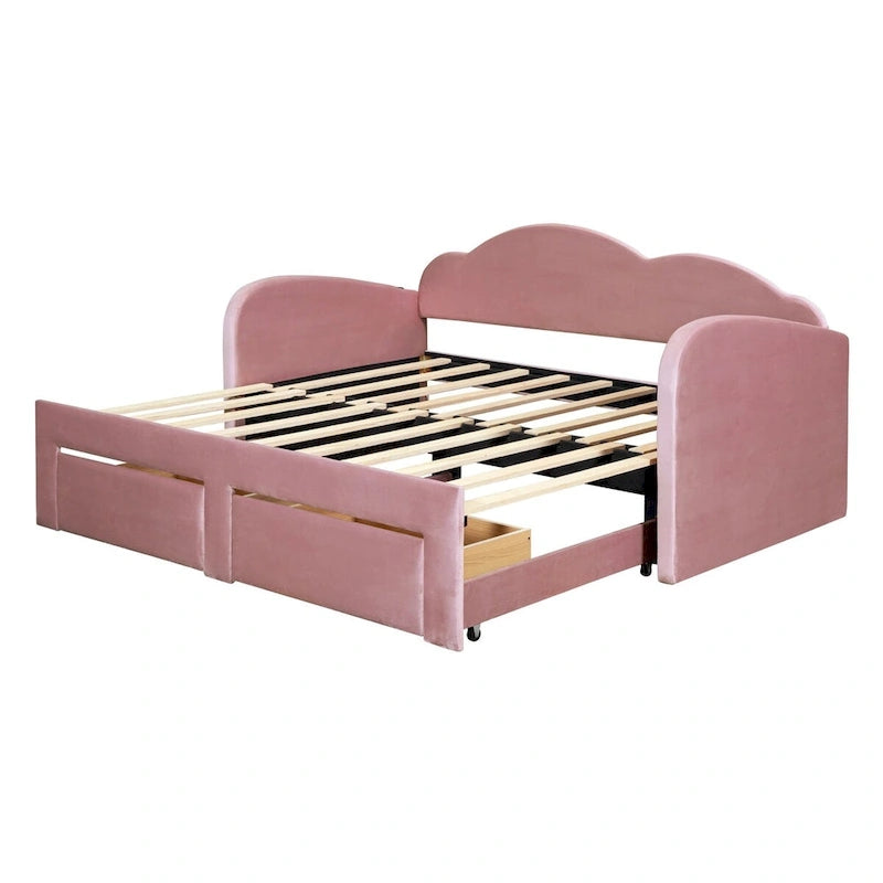 Twin Velvet Upholstered Daybed with Pop-Up Trundle & 2 Storage Drawers