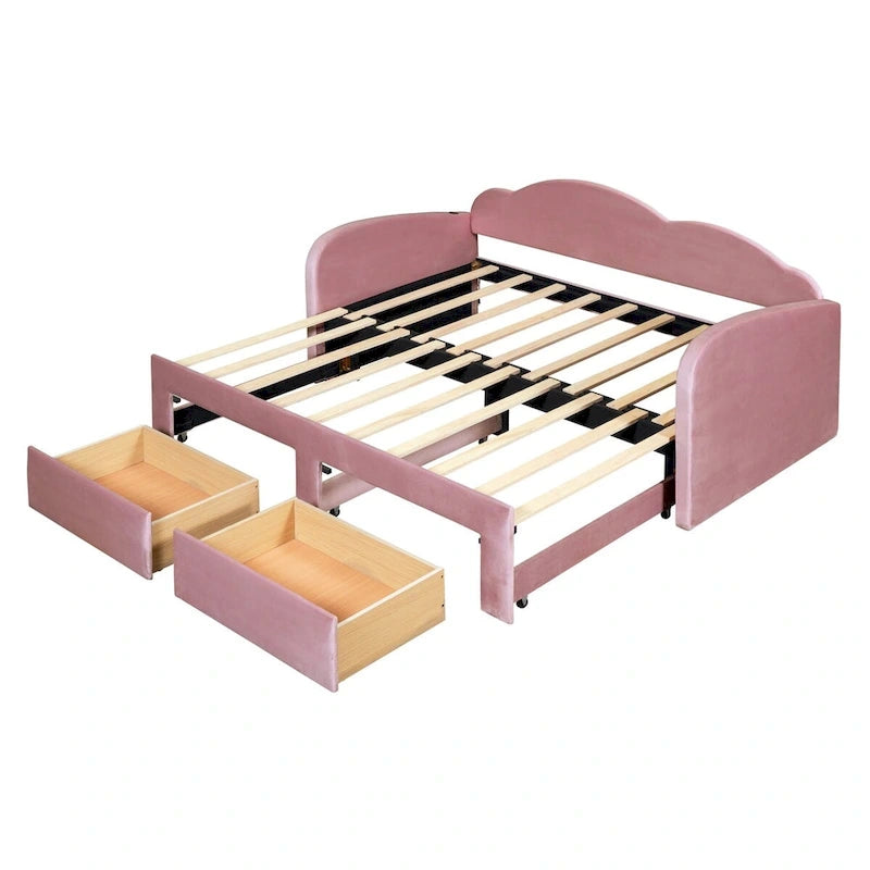 Twin Velvet Upholstered Daybed with Pop-Up Trundle & 2 Storage Drawers