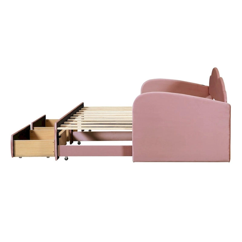 Twin Velvet Upholstered Daybed with Pop-Up Trundle & 2 Storage Drawers