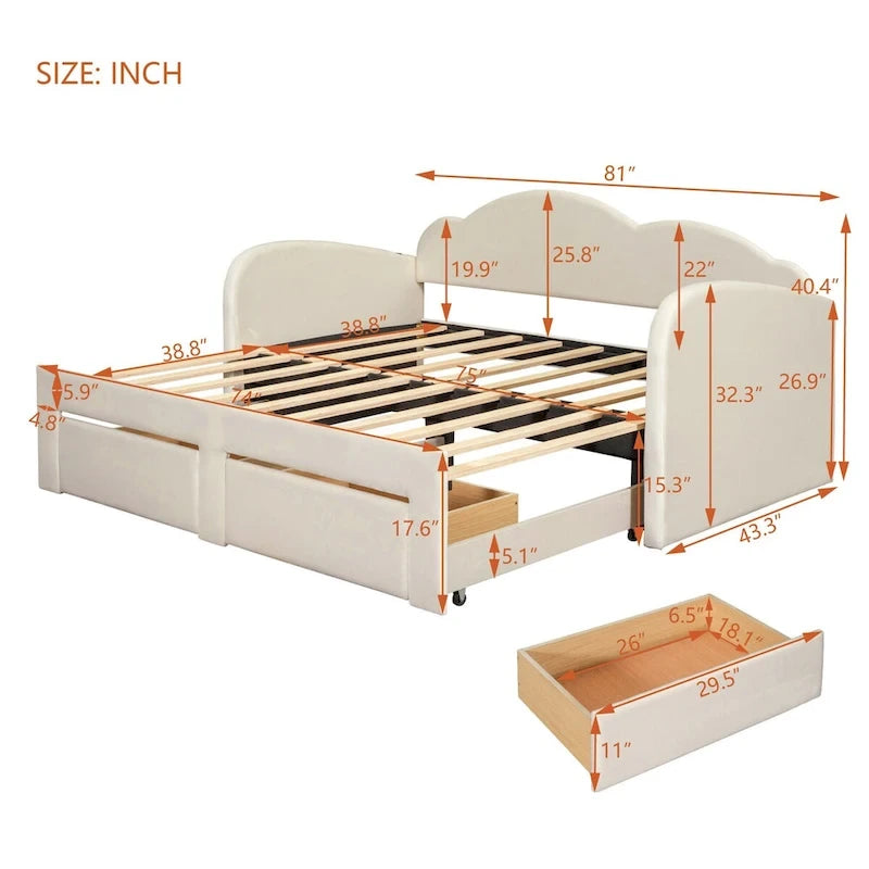 Twin Velvet Upholstered Daybed with Pop-Up Trundle & 2 Storage Drawers