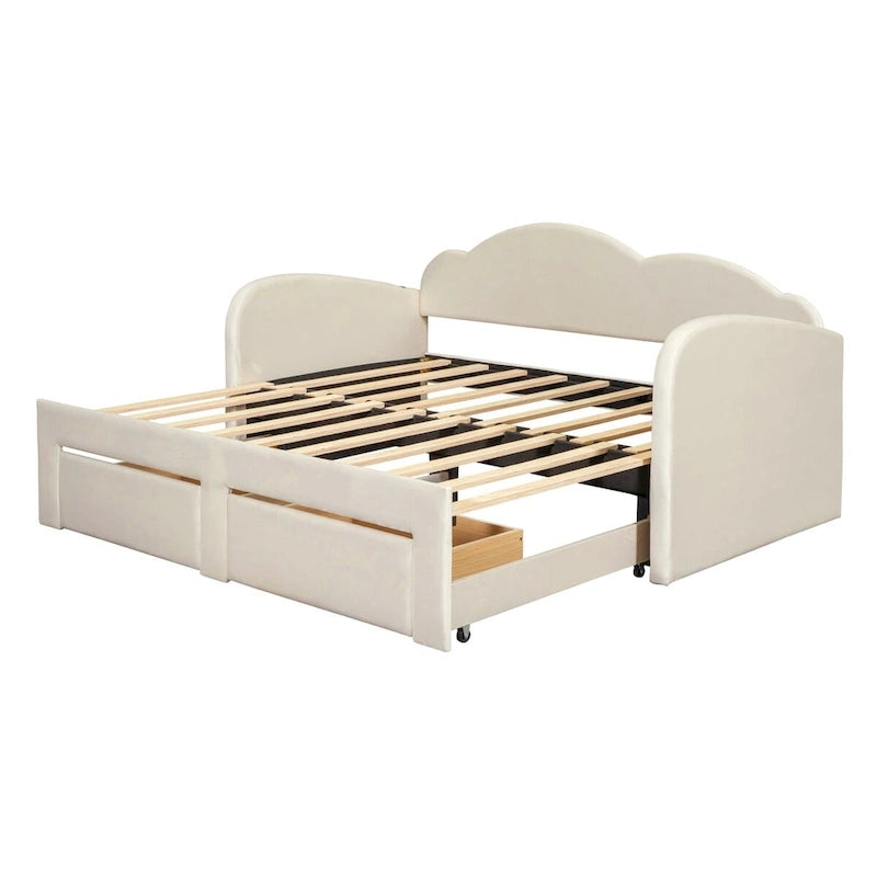 Twin Velvet Upholstered Daybed with Pop-Up Trundle & 2 Storage Drawers