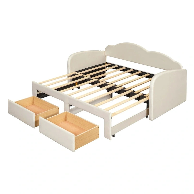 Twin Velvet Upholstered Daybed with Pop-Up Trundle & 2 Storage Drawers
