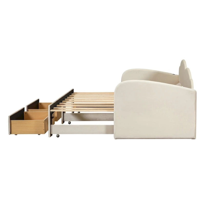 Twin Velvet Upholstered Daybed with Pop-Up Trundle & 2 Storage Drawers
