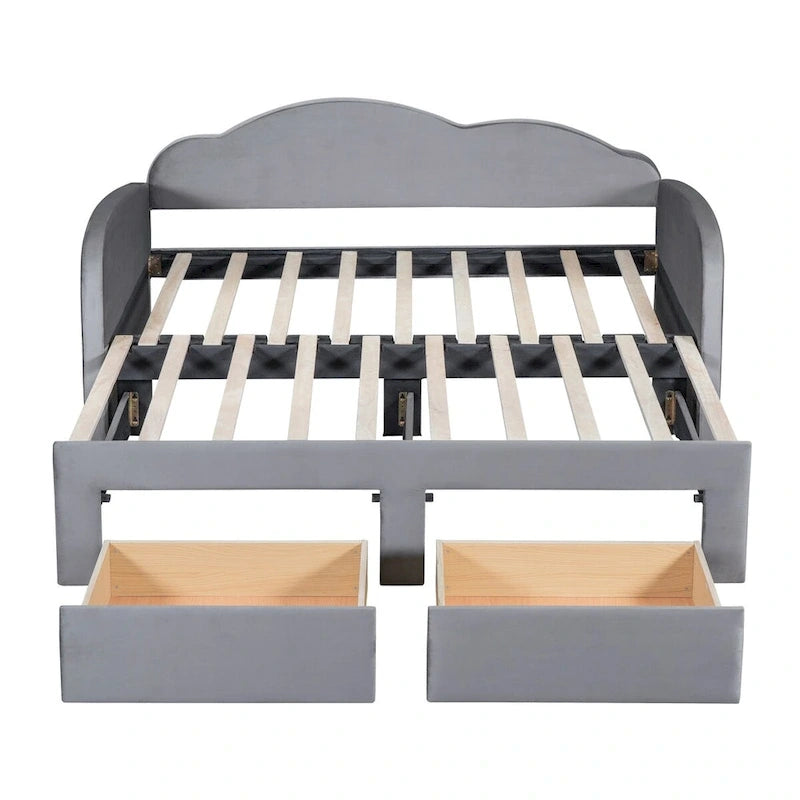 Twin Velvet Upholstered Daybed with Pop-Up Trundle & 2 Storage Drawers