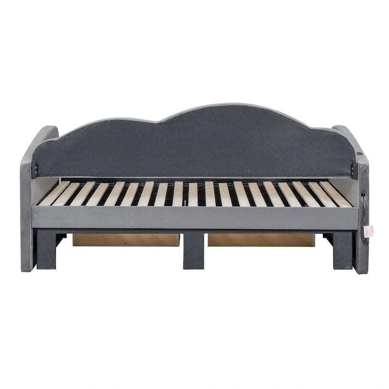 Twin Velvet Upholstered Daybed with Pop-Up Trundle & 2 Storage Drawers