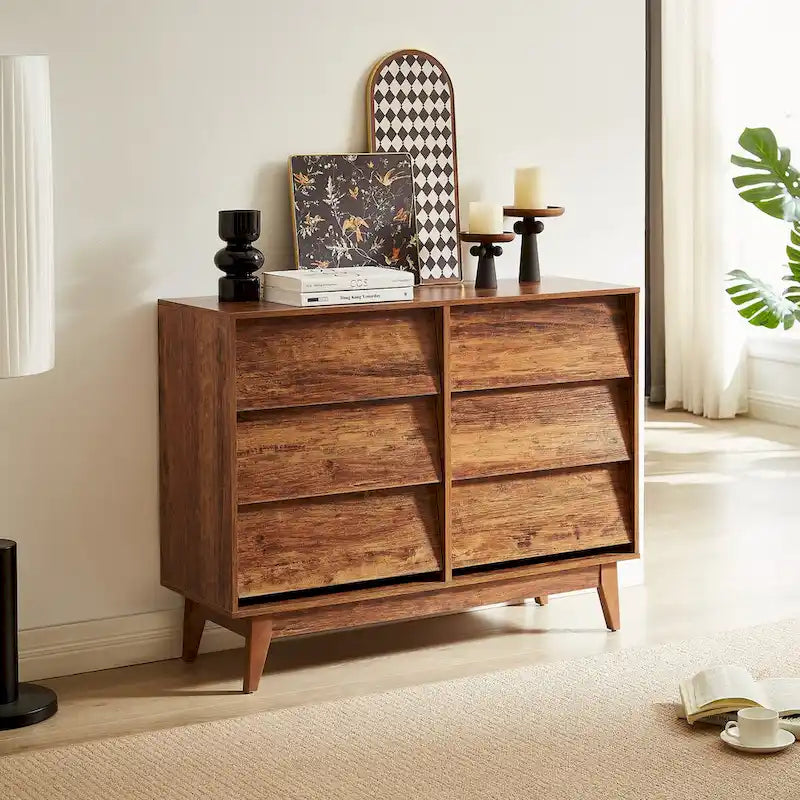 Mid-Century Modern 6-Drawer Dresser with Bevel Detail & Solid Wood Legs