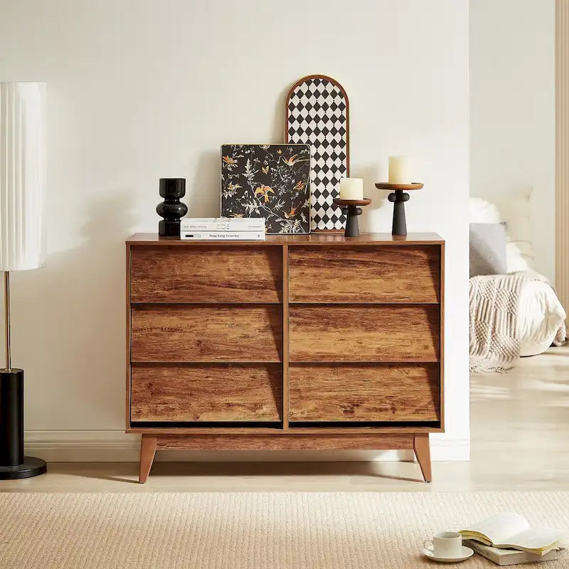 Mid-Century Modern 6-Drawer Dresser with Bevel Detail & Solid Wood Legs