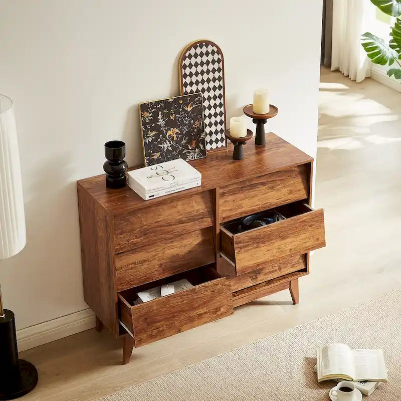 Mid-Century Modern 6-Drawer Dresser with Bevel Detail & Solid Wood Legs