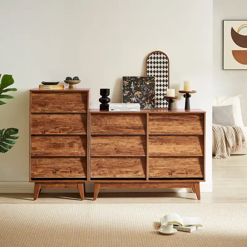 Mid-Century Modern 6-Drawer Dresser with Bevel Detail & Solid Wood Legs