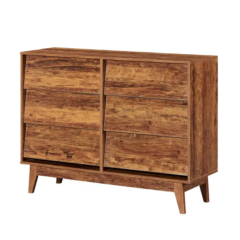 Mid-Century Modern 6-Drawer Dresser with Bevel Detail & Solid Wood Legs