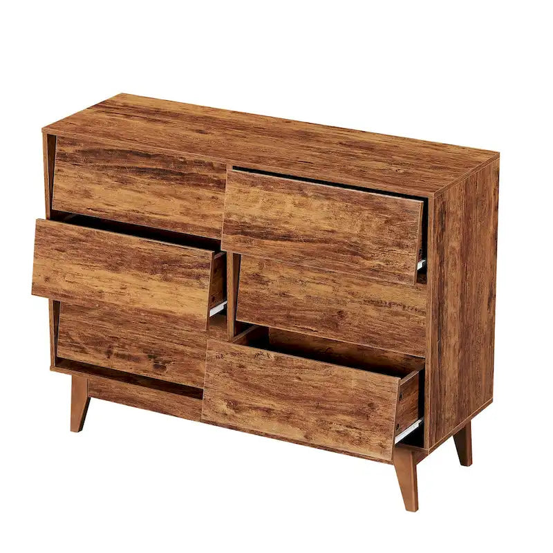 Mid-Century Modern 6-Drawer Dresser with Bevel Detail & Solid Wood Legs
