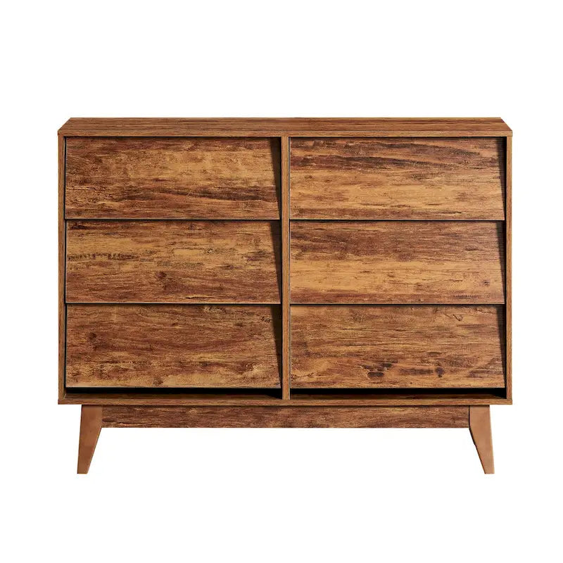 Mid-Century Modern 6-Drawer Dresser with Bevel Detail & Solid Wood Legs