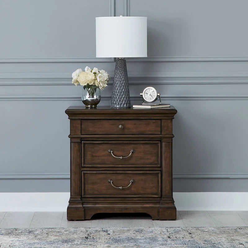 3-Drawer Wood Nightstand with Built-In Charging Station – Satin Cherry