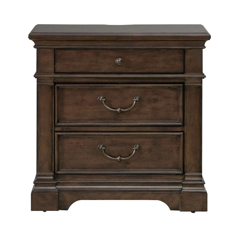 3-Drawer Wood Nightstand with Built-In Charging Station – Satin Cherry