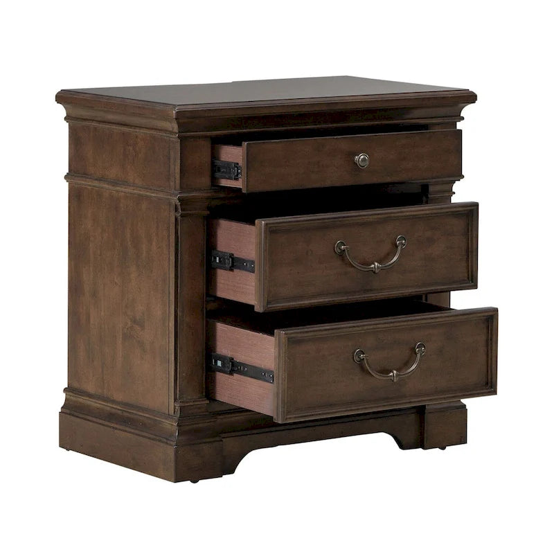 3-Drawer Wood Nightstand with Built-In Charging Station – Satin Cherry