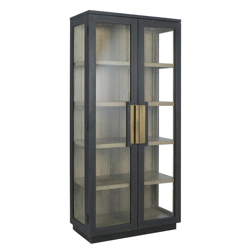 Tall Reclaimed Pine Wood Display Cabinet with Tempered Glass Doors & Brass Hardware