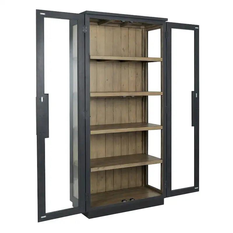 Tall Reclaimed Pine Wood Display Cabinet with Tempered Glass Doors & Brass Hardware