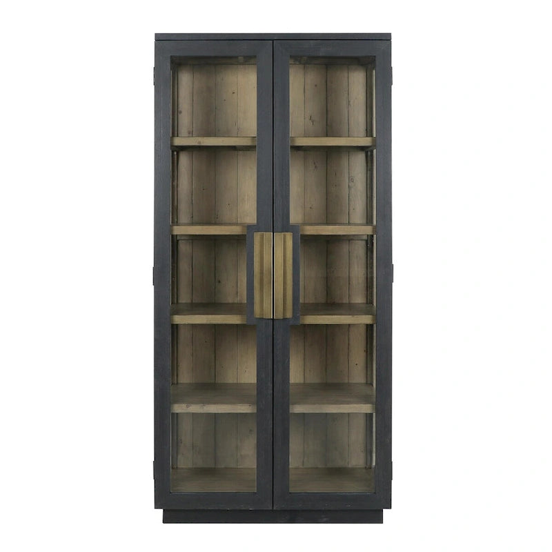 Tall Reclaimed Pine Wood Display Cabinet with Tempered Glass Doors & Brass Hardware
