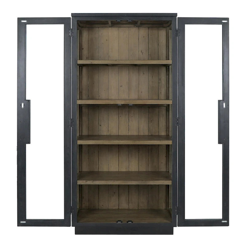 Tall Reclaimed Pine Wood Display Cabinet with Tempered Glass Doors & Brass Hardware
