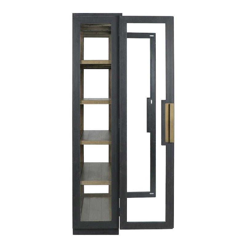Tall Reclaimed Pine Wood Display Cabinet with Tempered Glass Doors & Brass Hardware