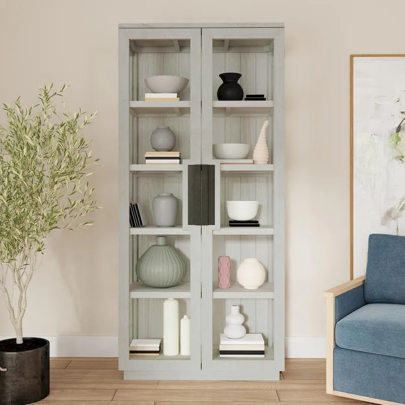 Tall Reclaimed Pine Wood Display Cabinet with Tempered Glass Doors & Brass Hardware