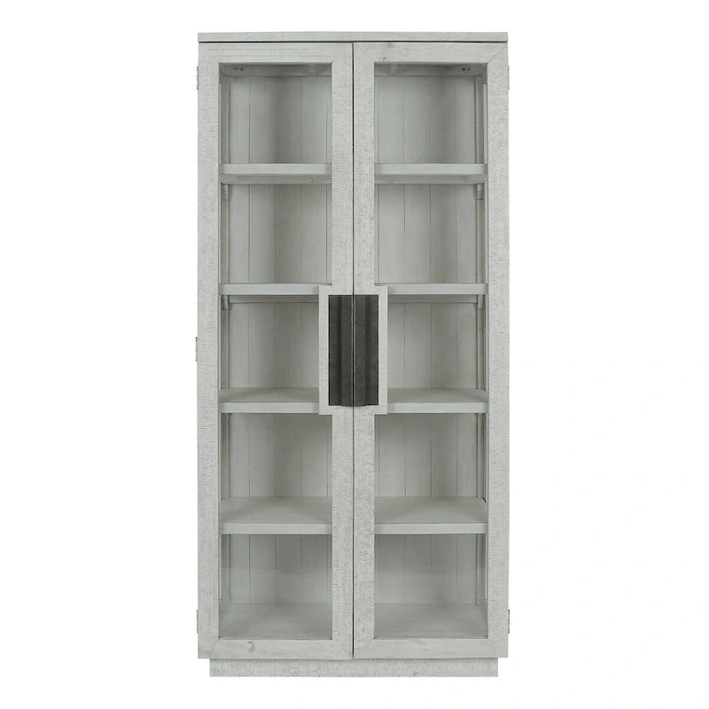 Tall Reclaimed Pine Wood Display Cabinet with Tempered Glass Doors & Brass Hardware