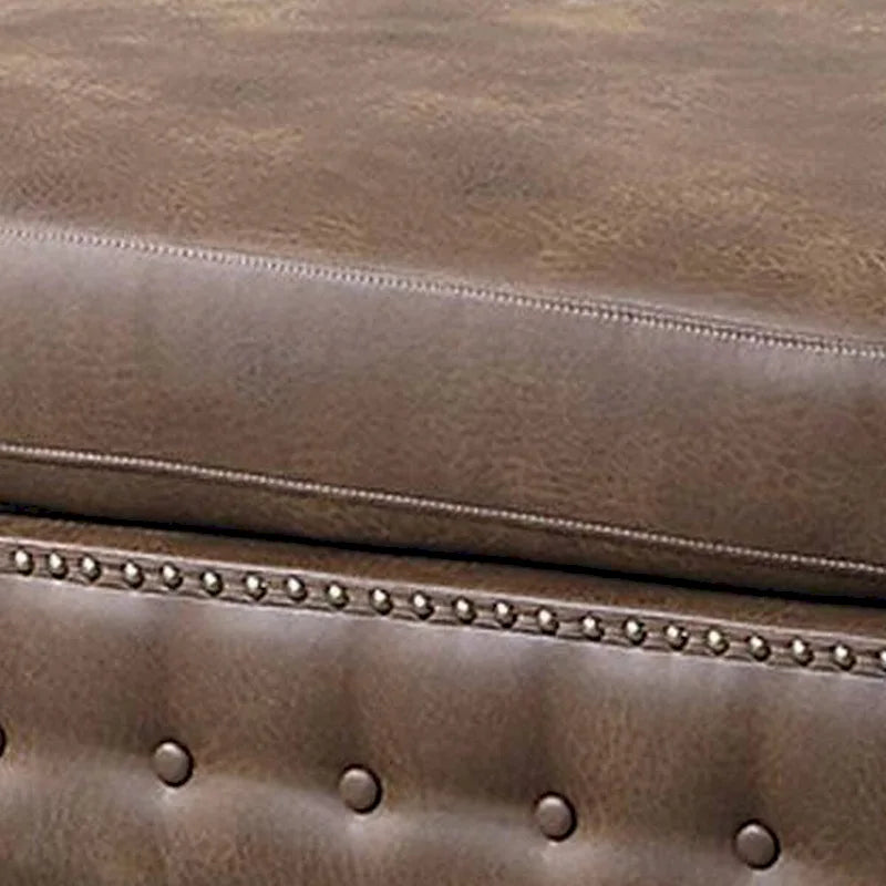 34" Square Ottoman with Button Tufting & Nailhead Trim - Brown Faux Leather, Handcrafted Bun Legs