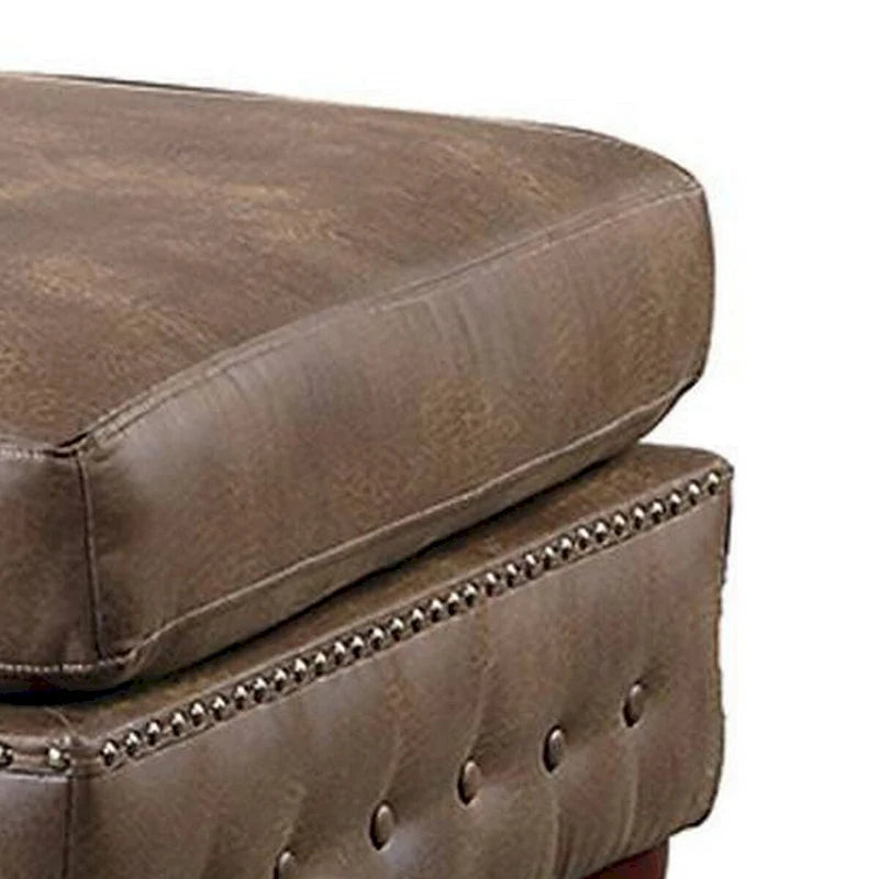 34" Square Ottoman with Button Tufting & Nailhead Trim - Brown Faux Leather, Handcrafted Bun Legs
