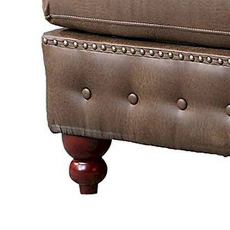 34" Square Ottoman with Button Tufting & Nailhead Trim - Brown Faux Leather, Handcrafted Bun Legs