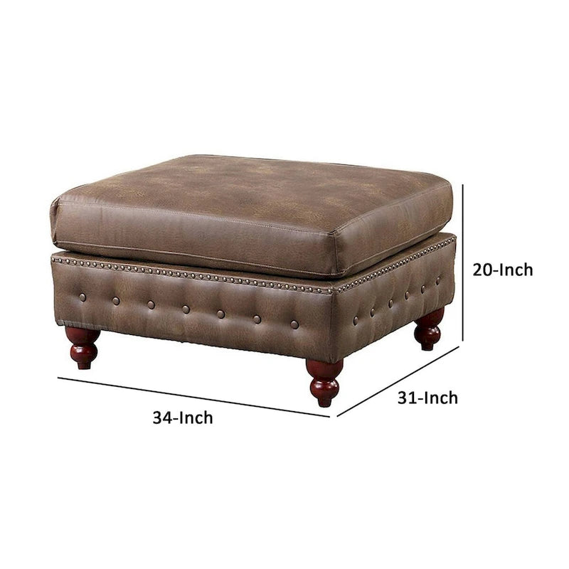 34" Square Ottoman with Button Tufting & Nailhead Trim - Brown Faux Leather, Handcrafted Bun Legs