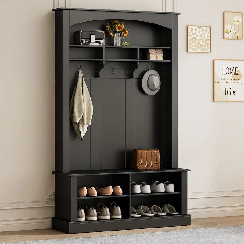 3-in-1 Entryway Hall Tree with Coat Hooks, Shoe Bench & Adjustable Storage Cabinet