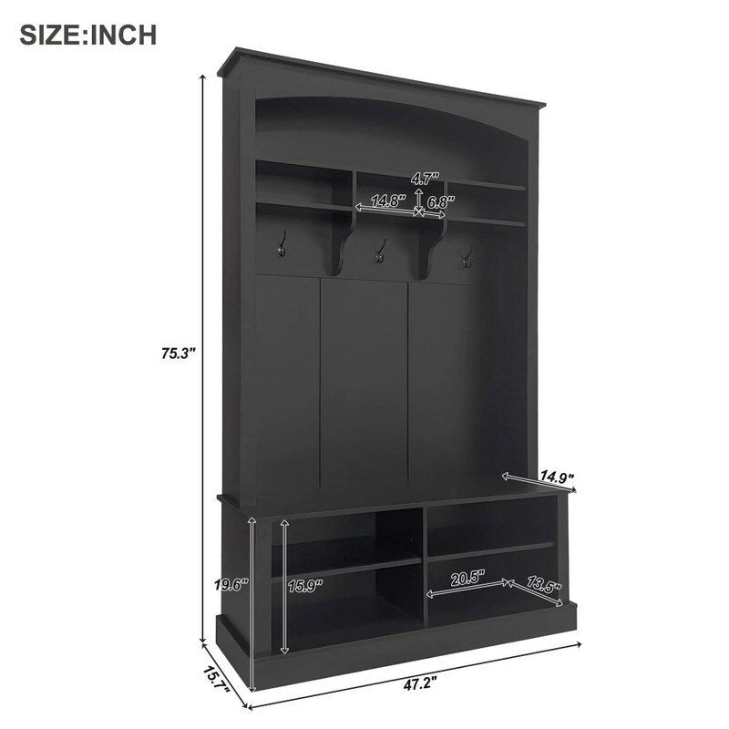 3-in-1 Entryway Hall Tree with Coat Hooks, Shoe Bench & Adjustable Storage Cabinet