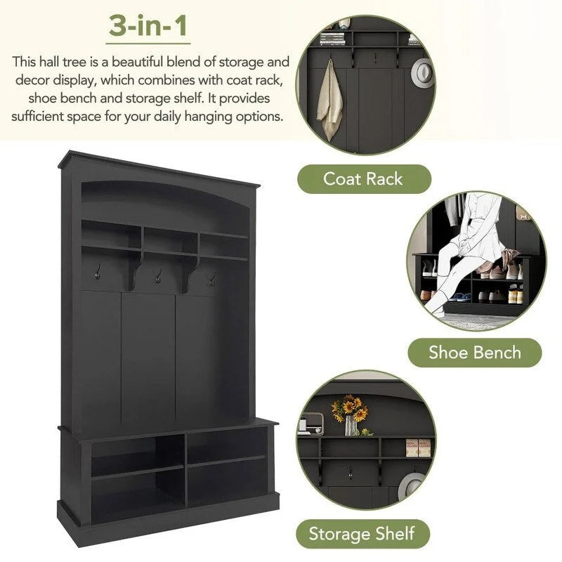 3-in-1 Entryway Hall Tree with Coat Hooks, Shoe Bench & Adjustable Storage Cabinet