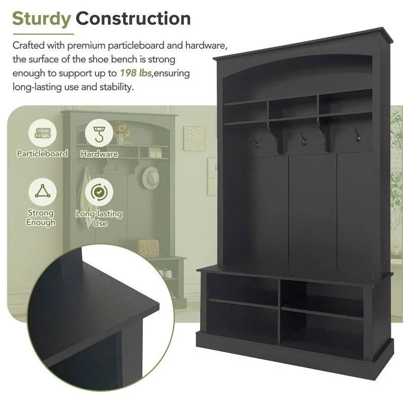 3-in-1 Entryway Hall Tree with Coat Hooks, Shoe Bench & Adjustable Storage Cabinet