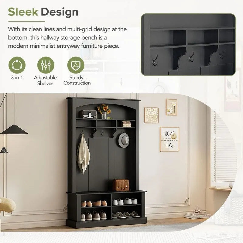 3-in-1 Entryway Hall Tree with Coat Hooks, Shoe Bench & Adjustable Storage Cabinet