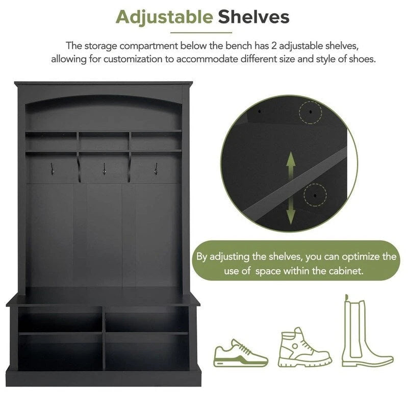 3-in-1 Entryway Hall Tree with Coat Hooks, Shoe Bench & Adjustable Storage Cabinet