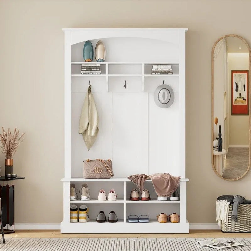 3-in-1 Entryway Hall Tree with Coat Hooks, Shoe Bench & Adjustable Storage Cabinet