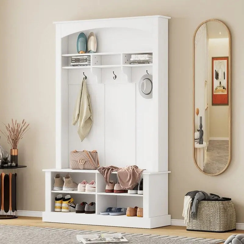 3-in-1 Entryway Hall Tree with Coat Hooks, Shoe Bench & Adjustable Storage Cabinet