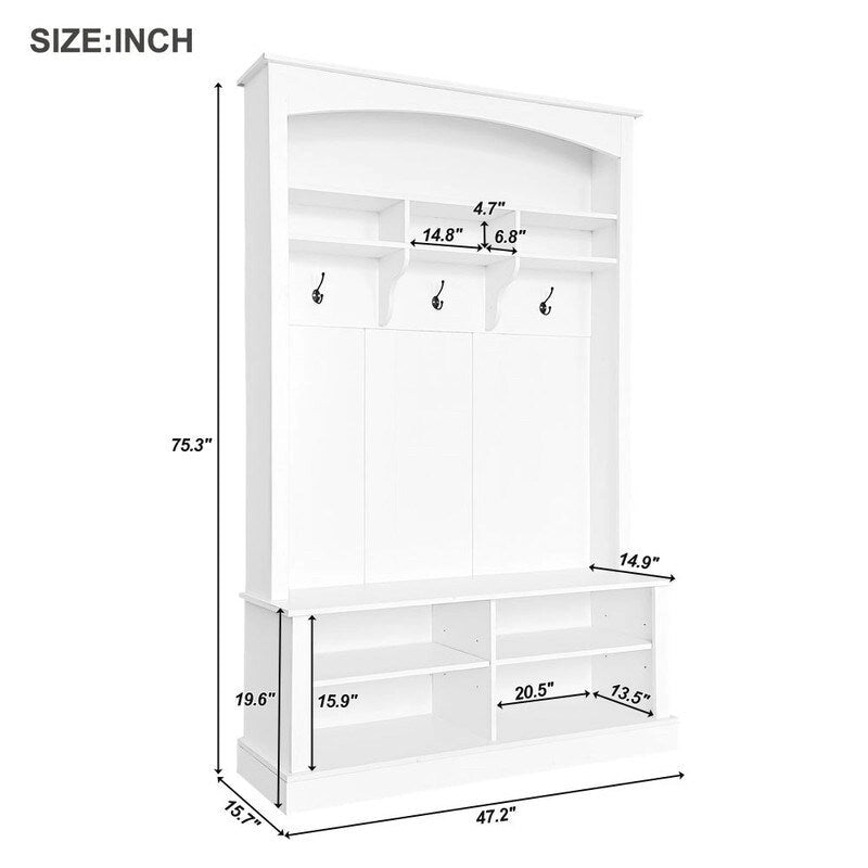 3-in-1 Entryway Hall Tree with Coat Hooks, Shoe Bench & Adjustable Storage Cabinet